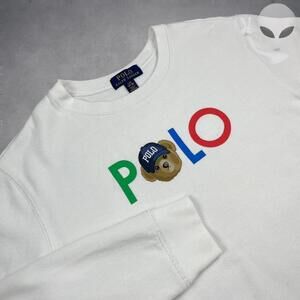 Polo Ralph Lauren Bear Spellout Sweater Small White Cotton Pullover Preppy